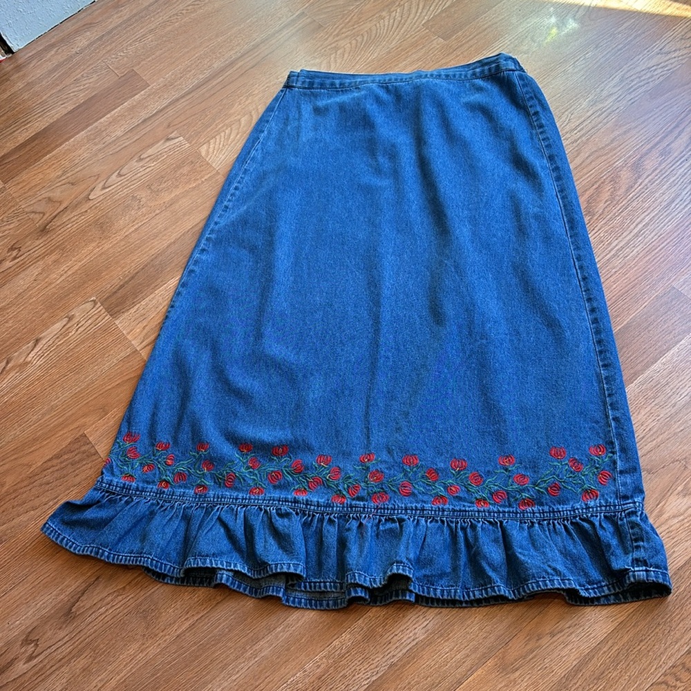 Jane Ashley Blue Maxi Skirt with Red Floral Embroidery